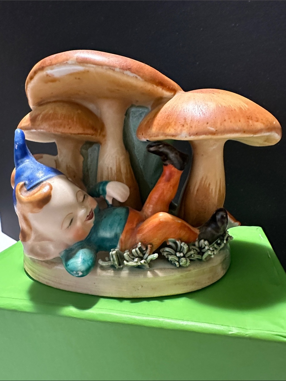 Whimsical Ceramic Gnome in a Mushroom Garden Figurine Vintage